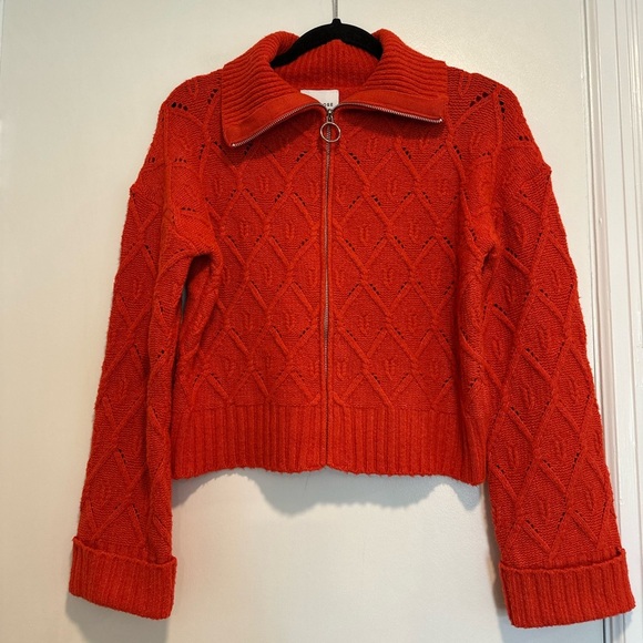 NWT Pink Rose Bright Orange Full Zip Cable Knit Collared Bell Sleeve Sweater. - Picture 1 of 12